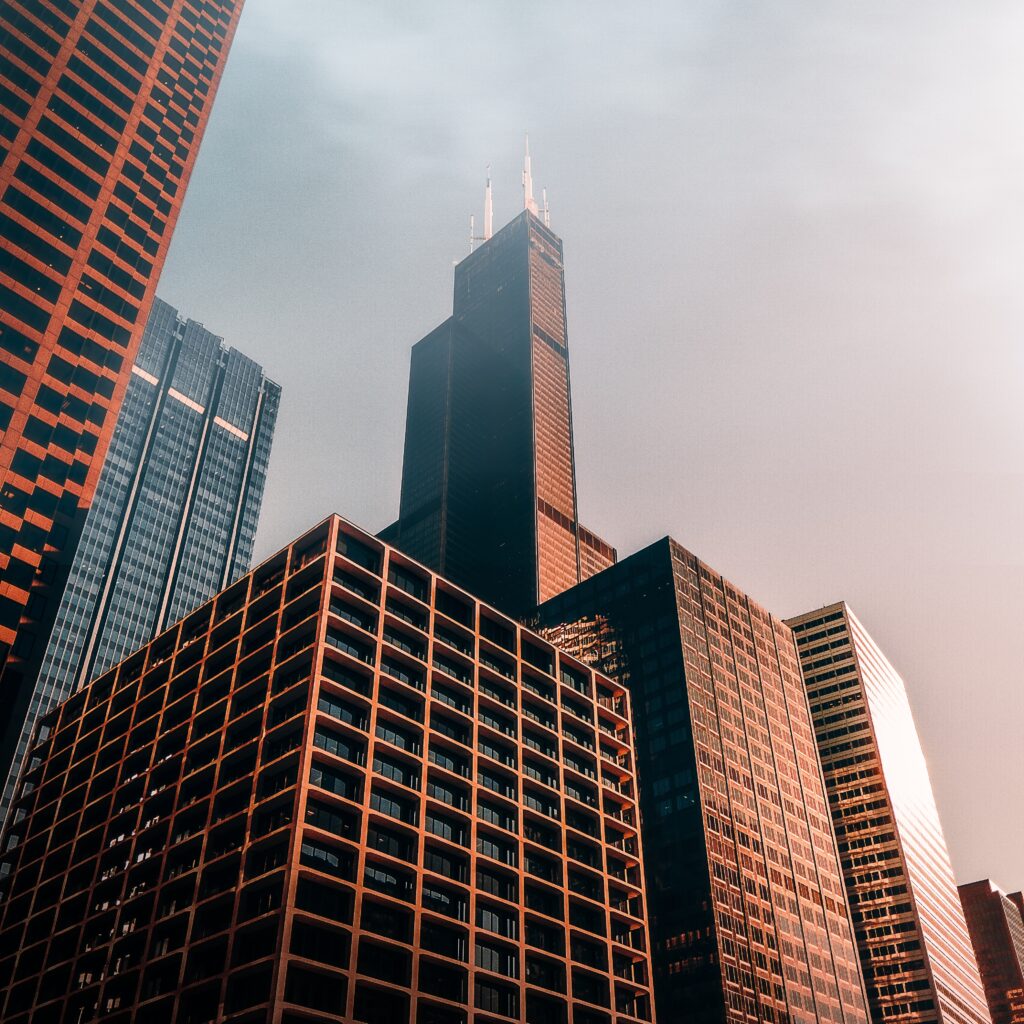A vertical low angle shot of brown skyscrapers
